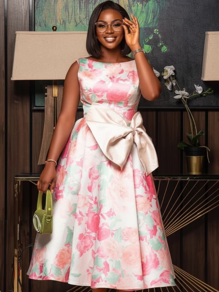 Plus Size Round Neck Sleeveles - Midi Skirt Floral 评论和价格