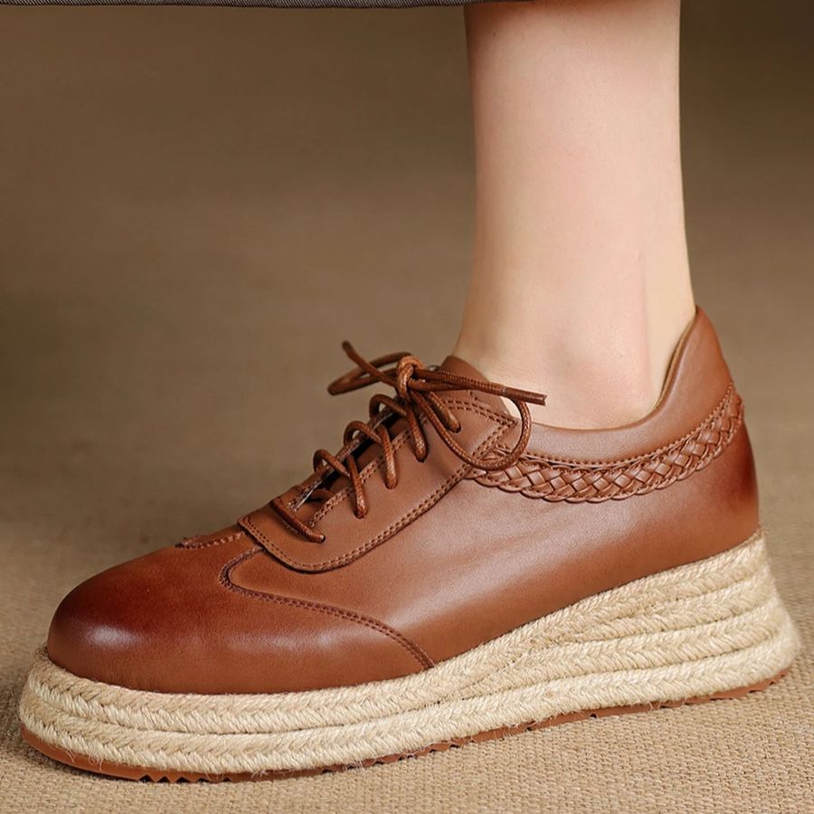 EAGSITY Cow Leather brown oxfo - Wedge Espadrille Women 评论和价格